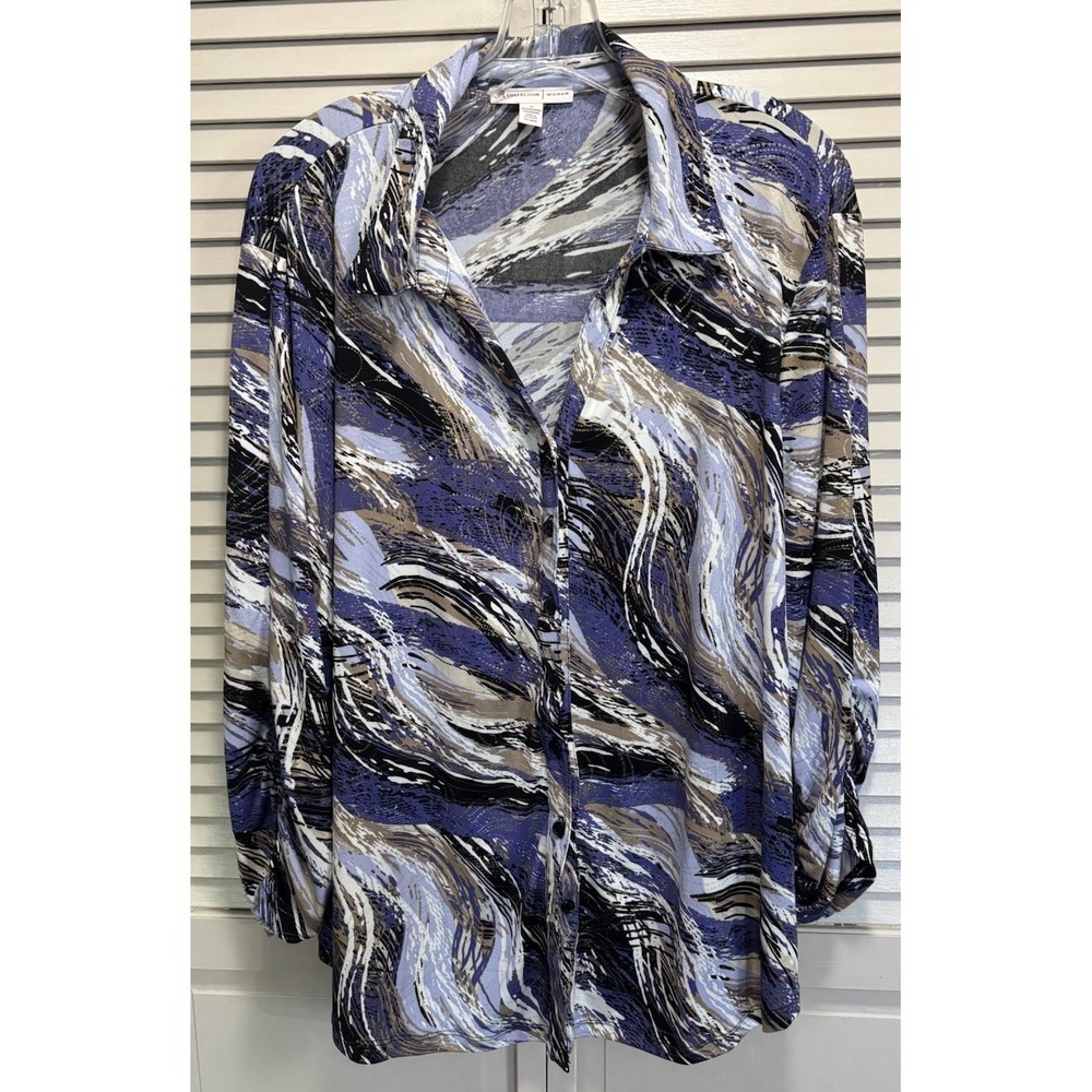 JM Collection Purle/Blk 3/4 Gathered Sleeve Button Up Blouse Size 3XL Glitter‎